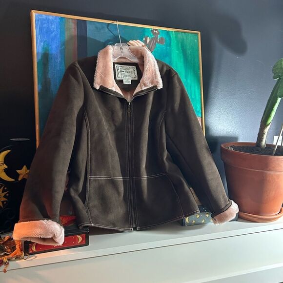 Vintage Bum Equipment Faux Suede Brown Jacket with Pink Faux Fur Accents Large - Picture 2 of 15